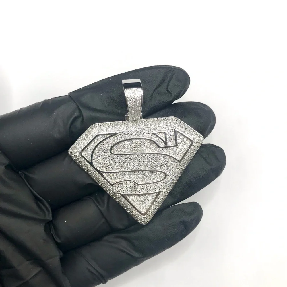 925 Sterling Silver Pave Superman Pendant 3.30CTW  MOISSANITE